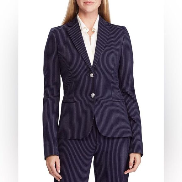 NEW!  Lauren Ralph Lauren Navy Ponte Knit Pinstripe Jacket - XL - $195 - Picture 1 of 15